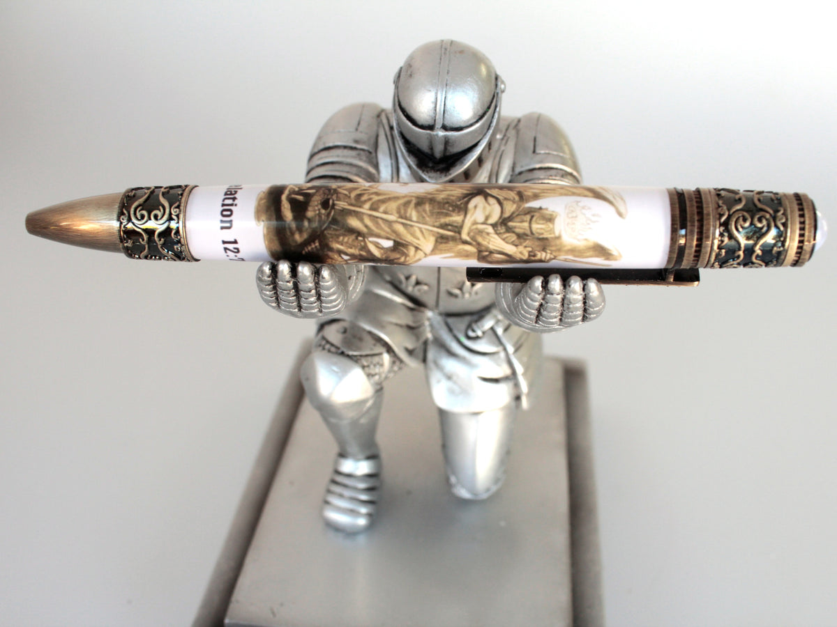 Pen Blank Artist Rendition of Revelation 12:7 Cast Tube In - Archangel Michael as Knight Slaying the Devil