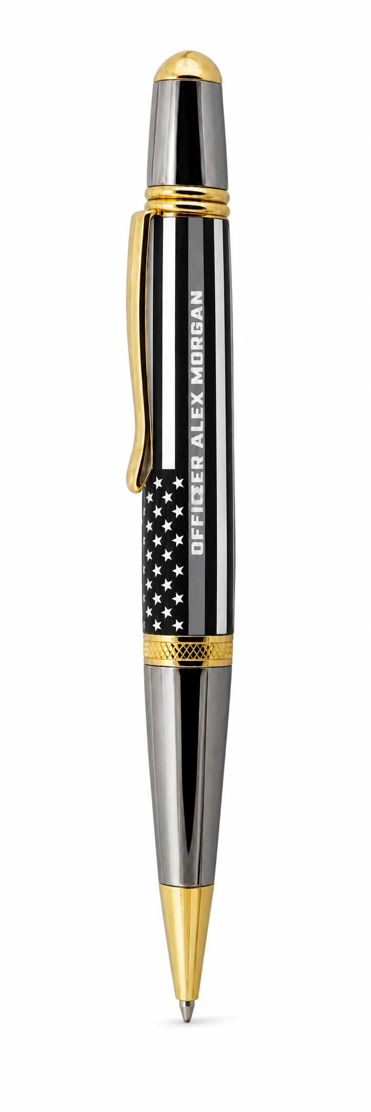 Gold and gunmetal Classic Sierra Twist pen with Officer Alex Morgan Thin Grey Line artwork.