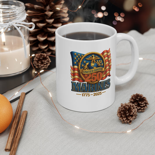 Marines 250th Anniversary Coffee Mug — United States Marines 1775–2025 Commemorative 11oz