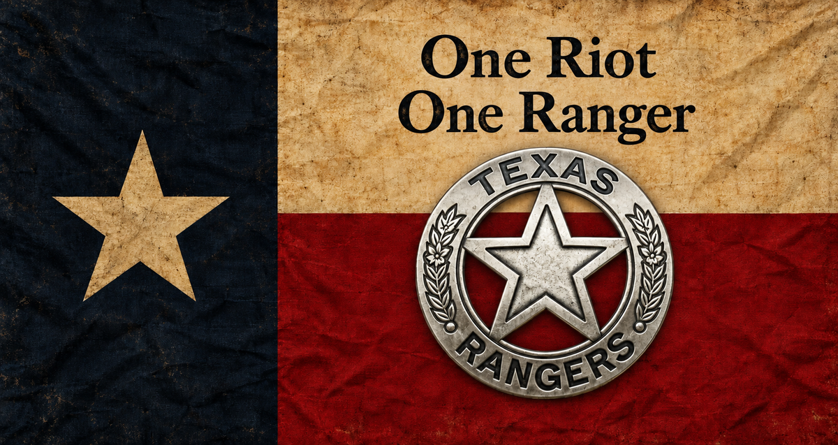 Flat Texas Ranger badge and antique Texas flag artwork with One Riot One Ranger slogan