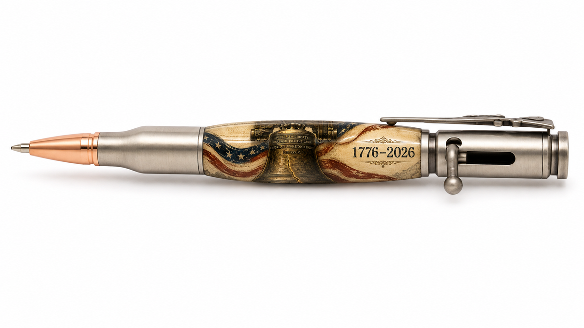Bolt Action pen mockup with Proclaim Liberty 1776–2026 America 250 artwork