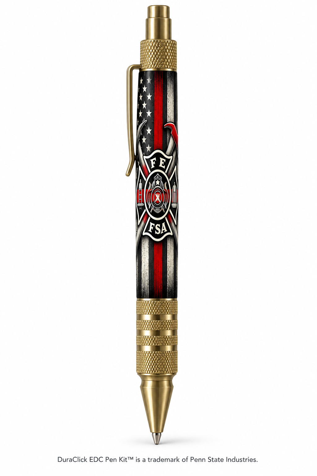 Firefighter Maltese Cross Thin Red Line blank shown on a PSI DuraClick EDC pen mockup