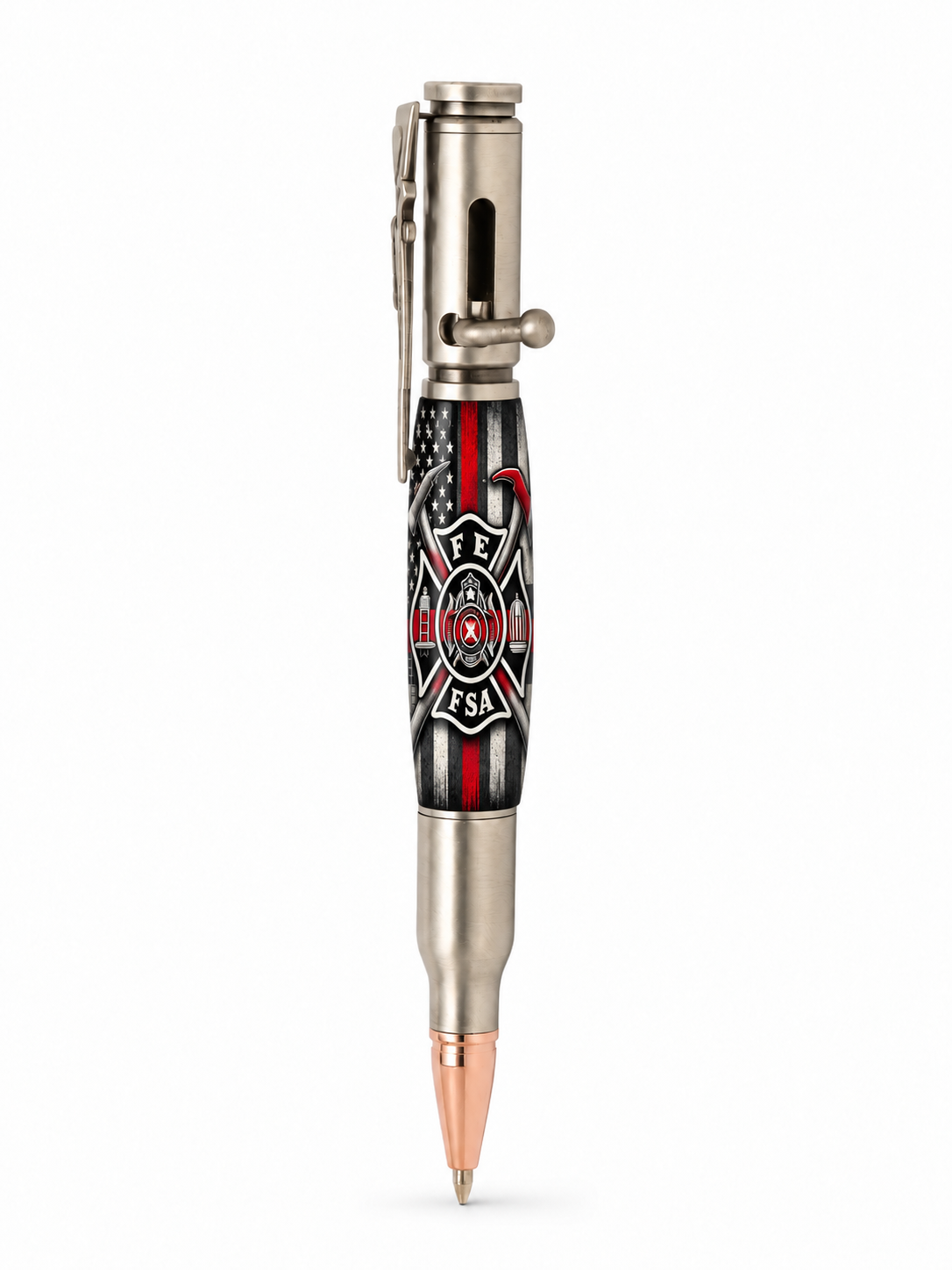 Firefighter Maltese Cross Thin Red Line blank shown on a Full-Size Bolt Action pen mockup