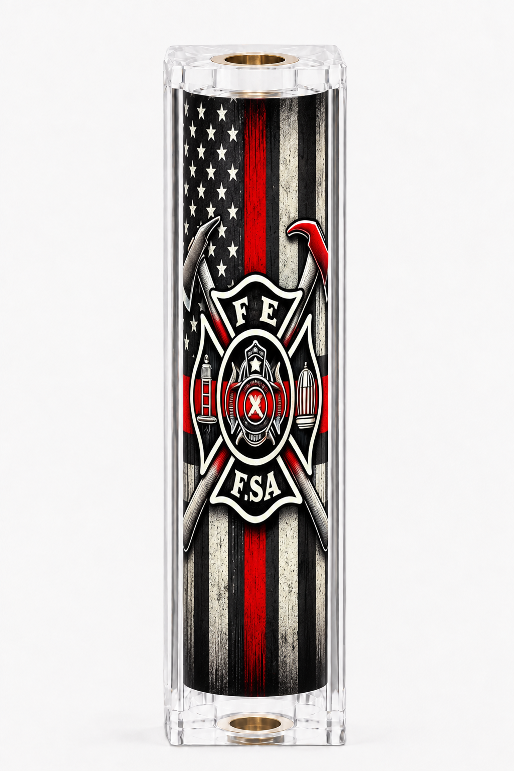 Firefighter Maltese Cross Thin Red Line artwork cast in a clear resin pen blank