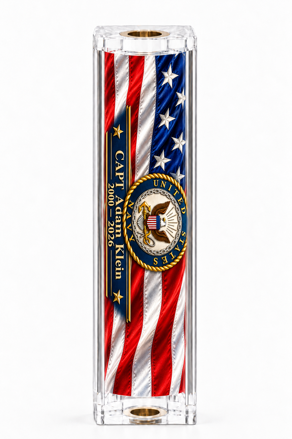Personalized US Navy resin pen blank with name, rank and service years on American flag design