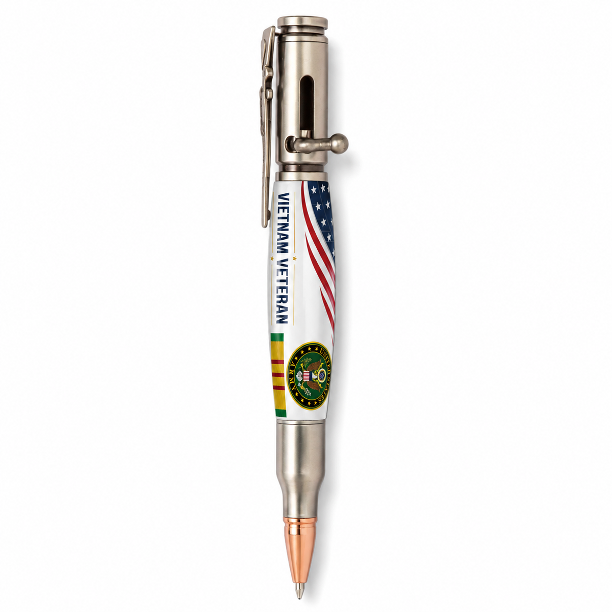 Bolt Action pen mockup with US Army Vietnam Veteran artwork and Vietnam Service ribbon