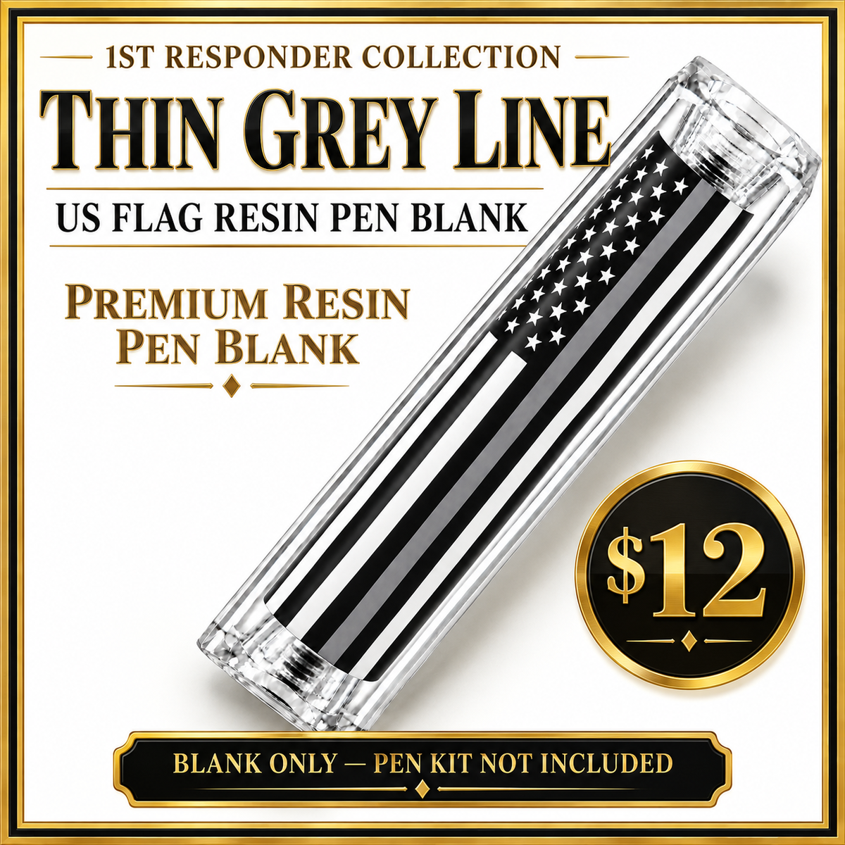 Clear resin Thin Grey Line American flag pen blank on a white background.