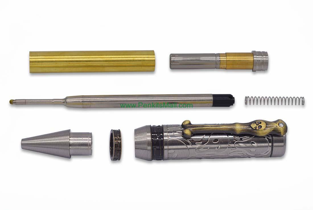 Pirate’s Panic Pen Kit – Pirate Themed Pen Kit with Skull & Crossbones Clip – Gold & Chrome, Antique Silver & Brass, or Chrome & Gold