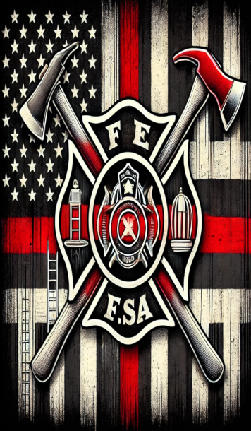 Firefighter Maltese Cross artwork with crossed tools, distressed American flag and Thin Red Line