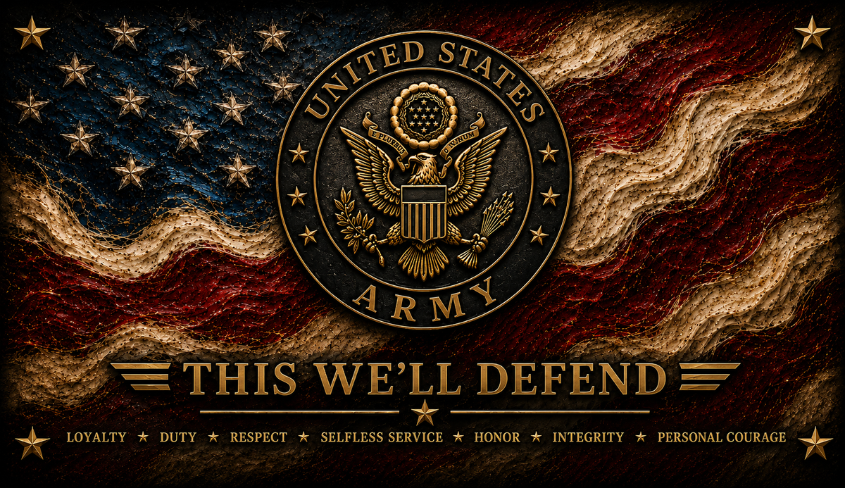 US Army This We’ll Defend artwork with Army emblem American flag and Army Values