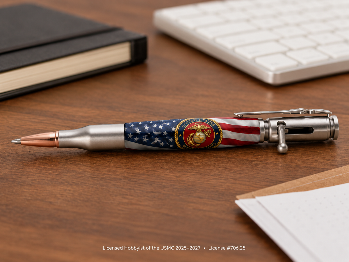 USMC Emblem on Old Glory Bolt Action tribute pen displayed on desktop