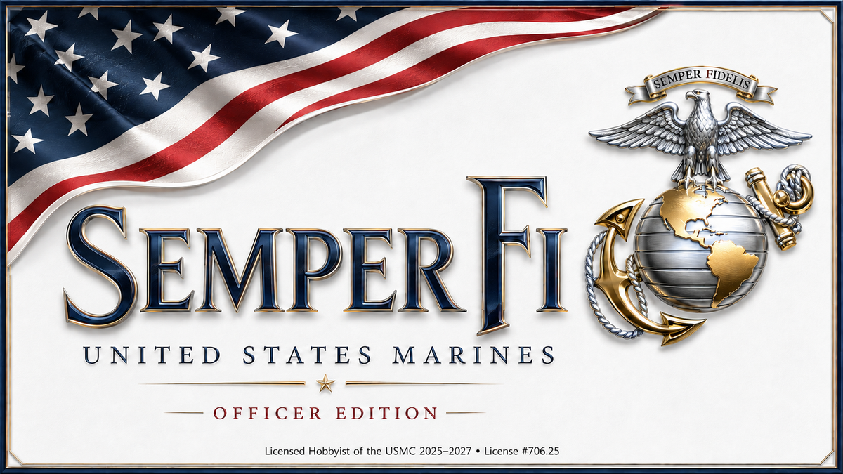 USMC Semper Fi Officer Edition artwork with American flag and silver and gold Eagle Globe and Anchor