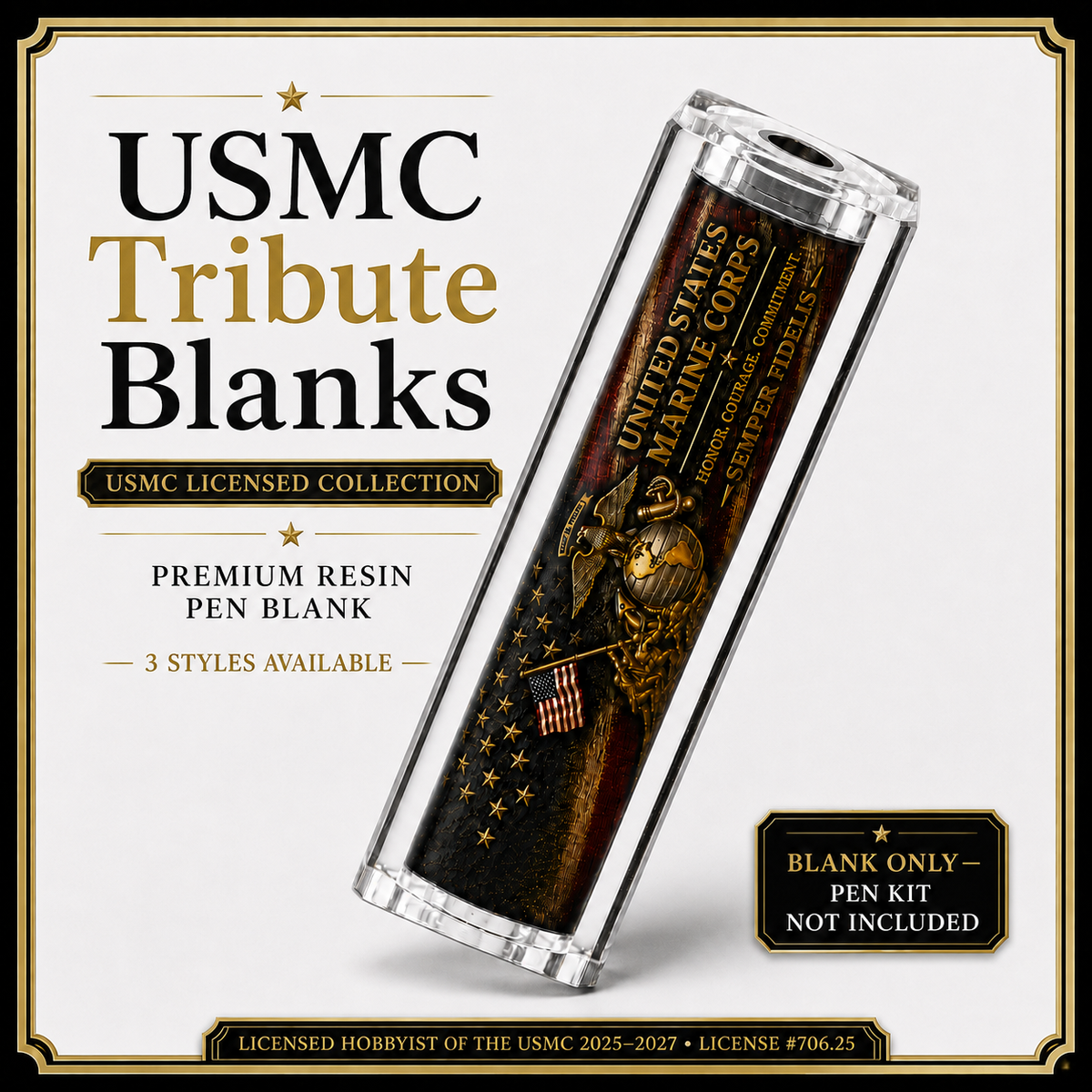 USMC Tribute Resin Pen Blanks – 3 Marine Corps Designs for Bolt Action and Classic Sierra pen kits