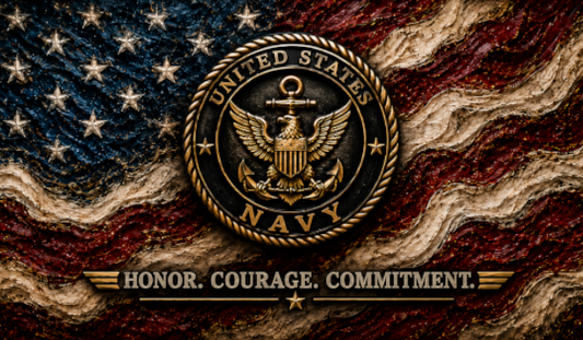 USN Honor Courage Commitment flat artwork with Navy emblem and distressed American flag