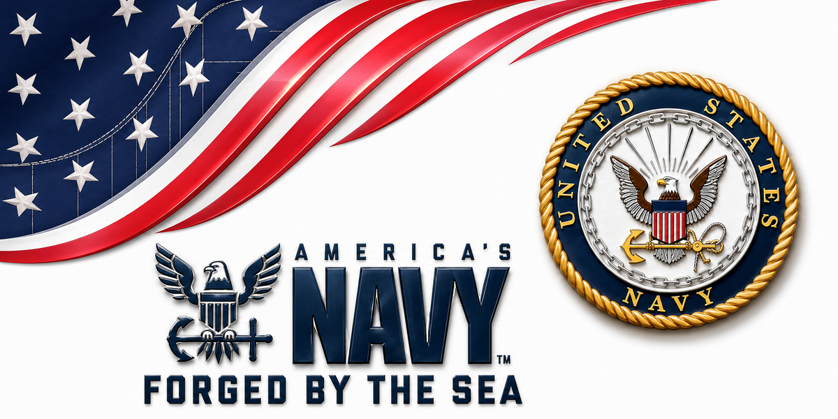 US Navy Forged by the Sea flat artwork with Navy seal, American flag and America’s Navy slogan
