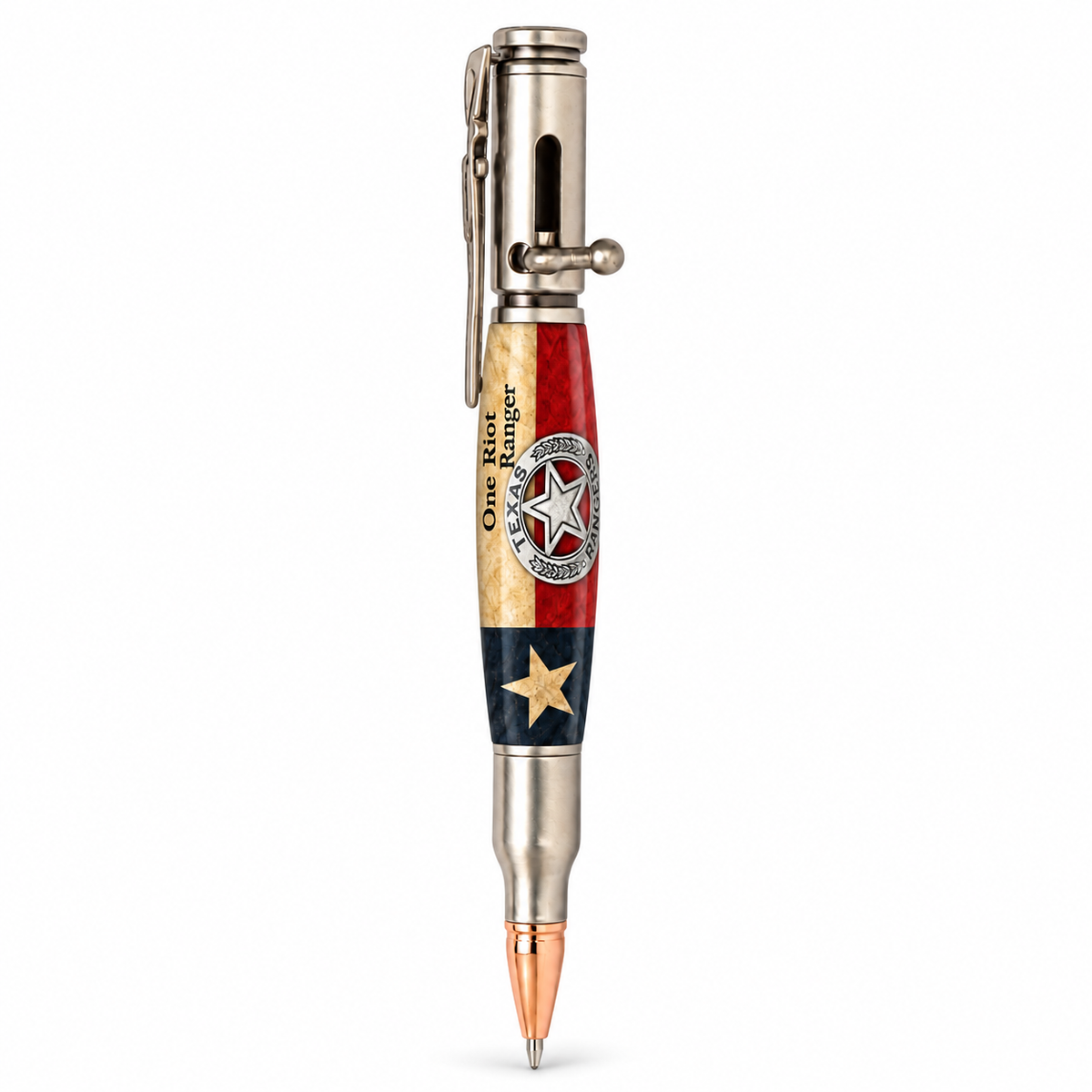 Texas Ranger badge and Texas flag artwork on an antique pewter Bolt Action pen mockup
