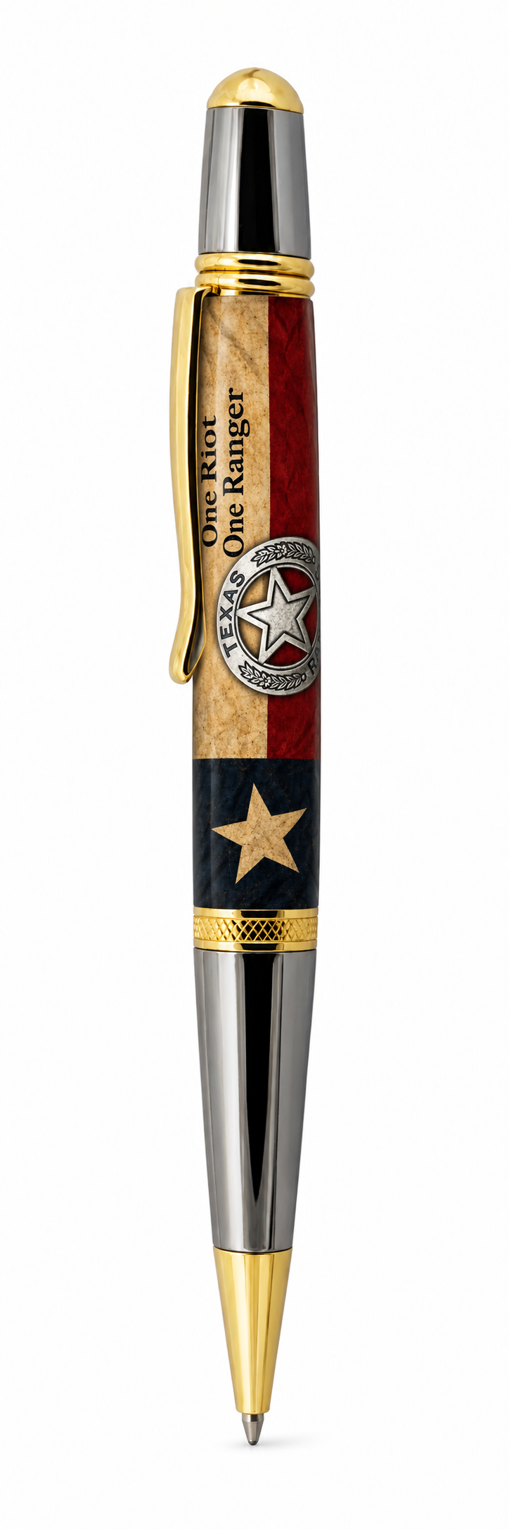Texas Ranger badge and Texas flag artwork on a black chrome and gold Classic Sierra Twist pen mockup