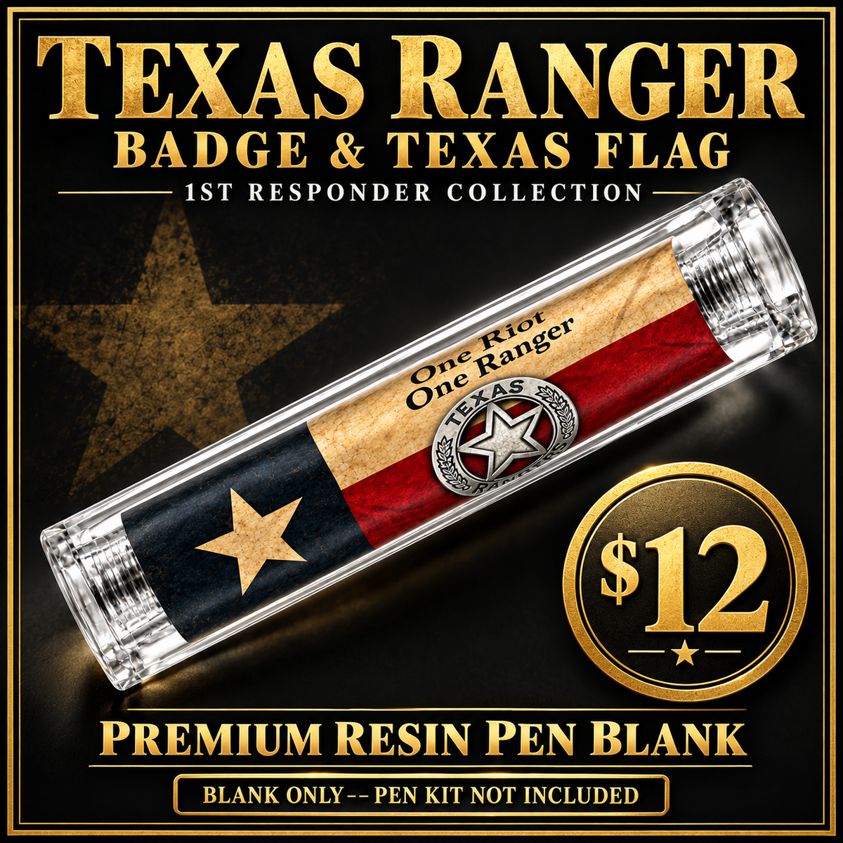 Texas Ranger badge and Texas flag premium resin pen blank hero card priced at $12