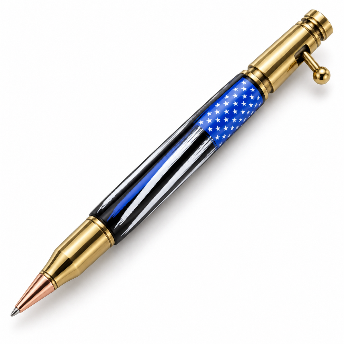 Antique brass Bolt Action pen mockup with Thin Blue Line American flag barrel.