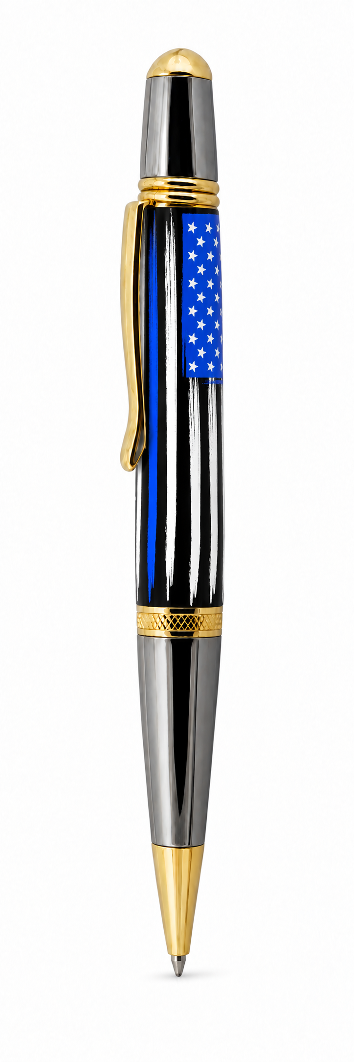 Black chrome and gold Classic Sierra Twist pen mockup with Thin Blue Line American flag barrel.